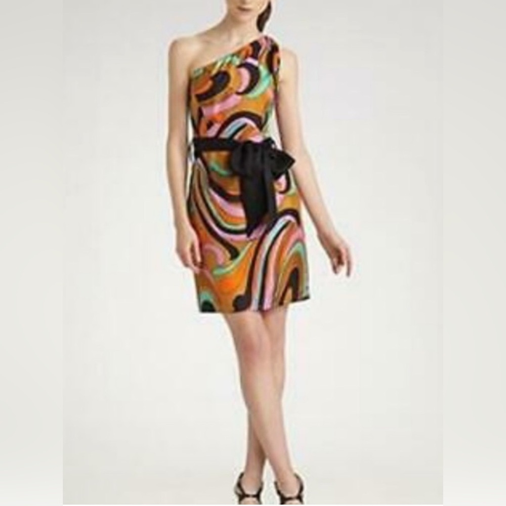 Milly New York Silk Kaleidoscope One Shoulder Dress Women 6 Orange Good Pocket